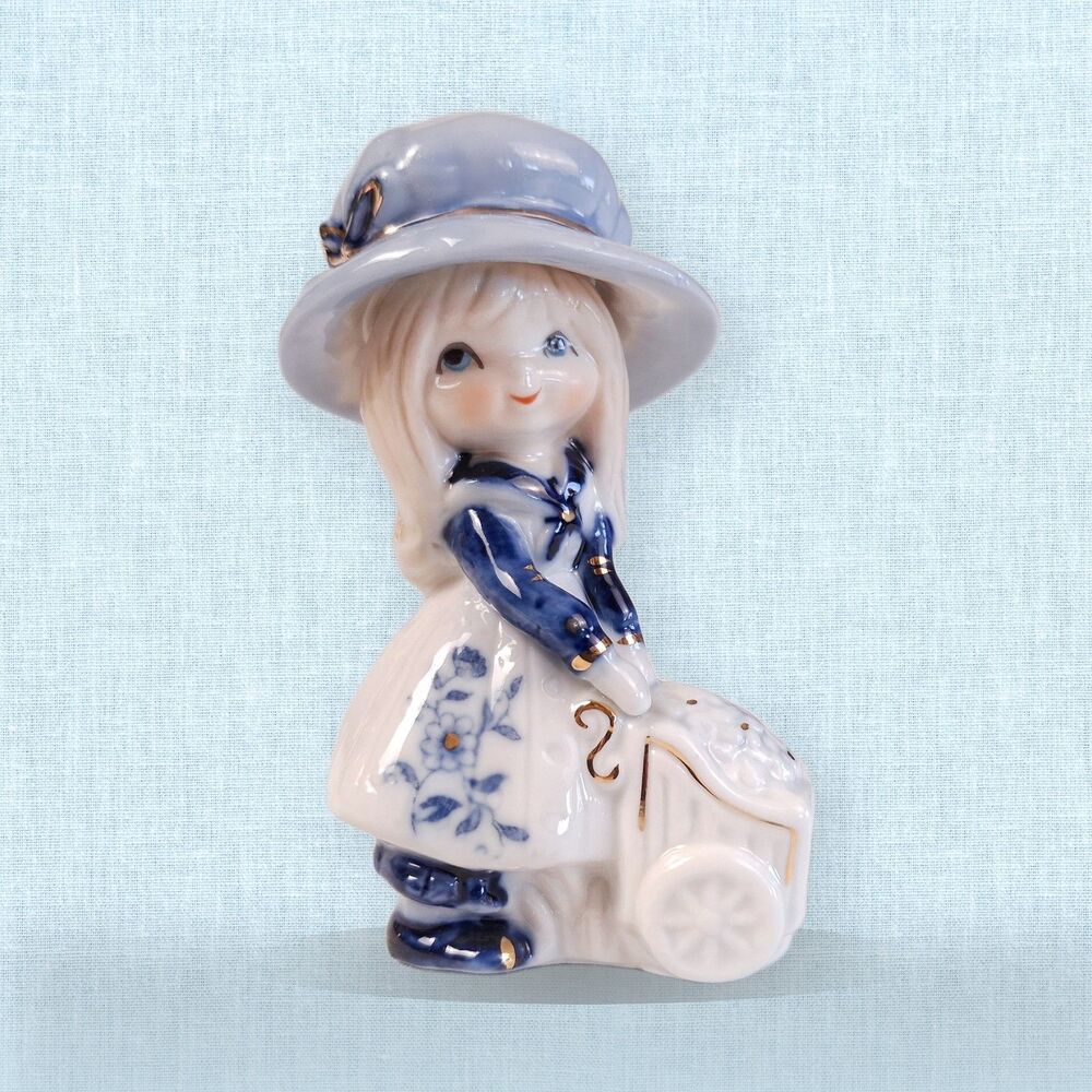 Vintage Blue White Delft Style Ceramic Flower Seller Girl Figurine Blue Bonnet